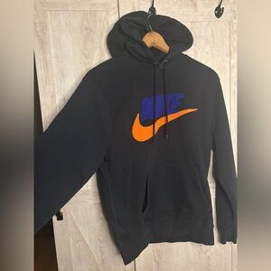 Nike Black Hoodie with Bold Orange and Blue Logo